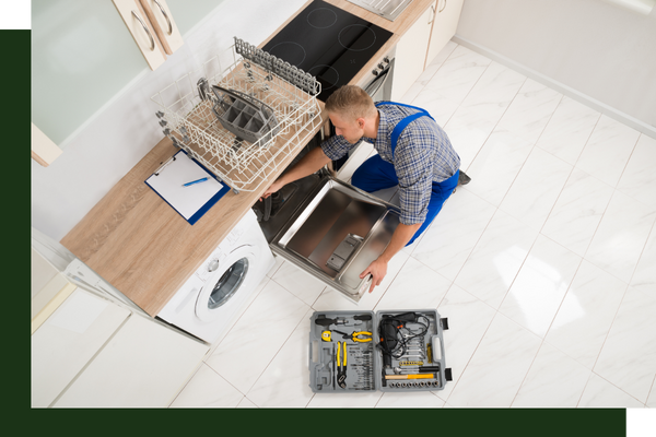 technician diagnosing a problem with a dishwasher