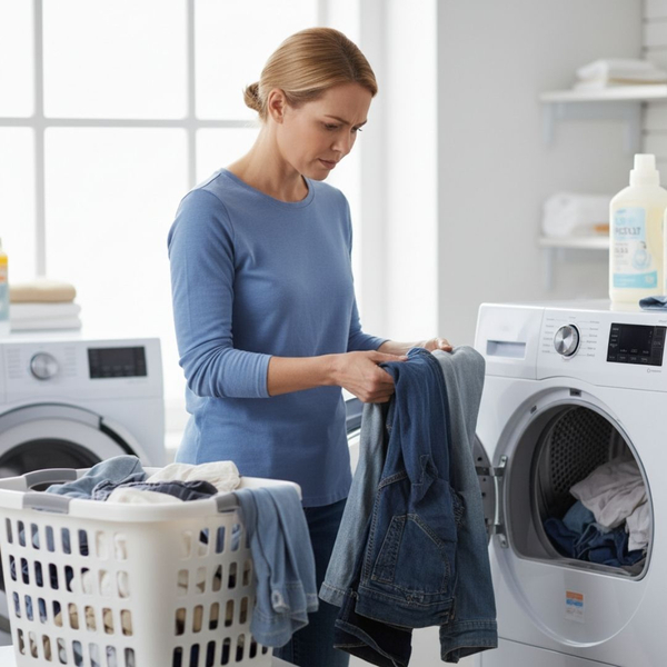woman confused after pulling wet clothes out of the dryer