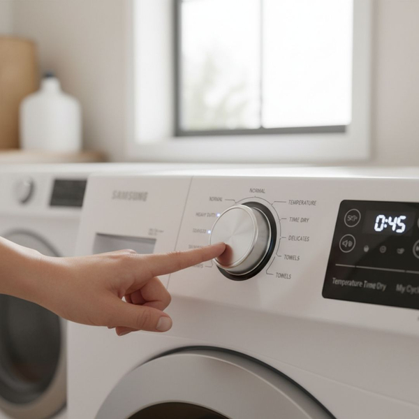 person trying to start a clothes dryer