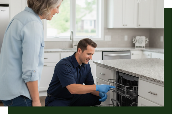 technician looking at a dishwasher with a homeowner