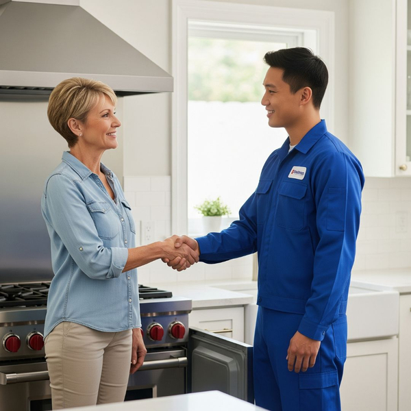 A homeowner and a technician shaking hands, symbolizing trust in their local appliance repair service