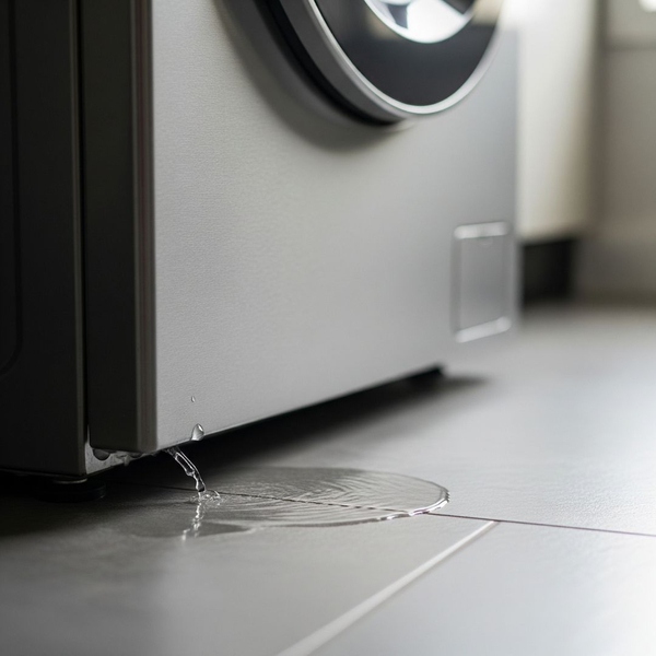 Water leaking from the base of a washing machine in a laundry room