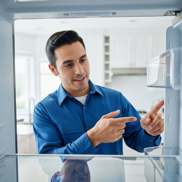 An expert appliance repair technician providing a clear diagnosis of a refrigerator issue