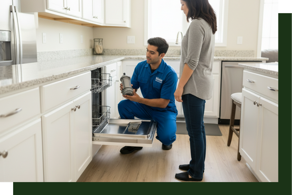 technician talking to a homeowner about a faulty dishwasher filter