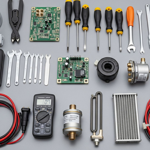 An organized layout of professional-grade tools and authentic parts for appliance repair