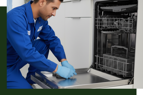 technician looking at a dishwasher to diagnose issues