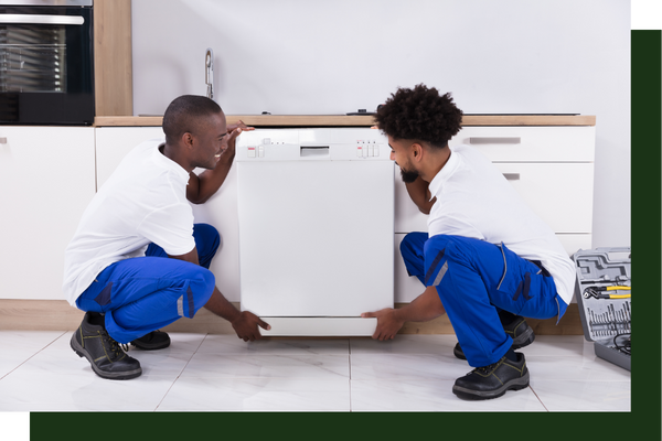 Two techs installing a dishwasher
