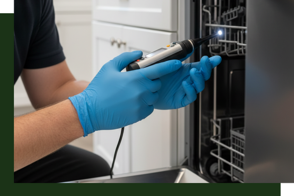 technician diagnosing a dishwasher issue