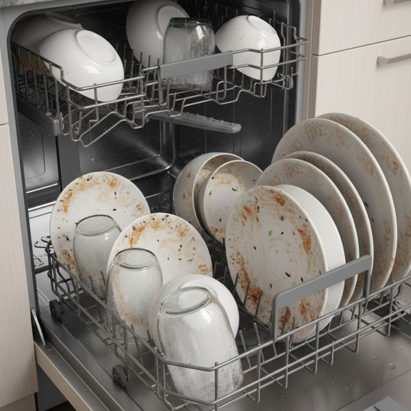 dirty dishes in a dishwasher