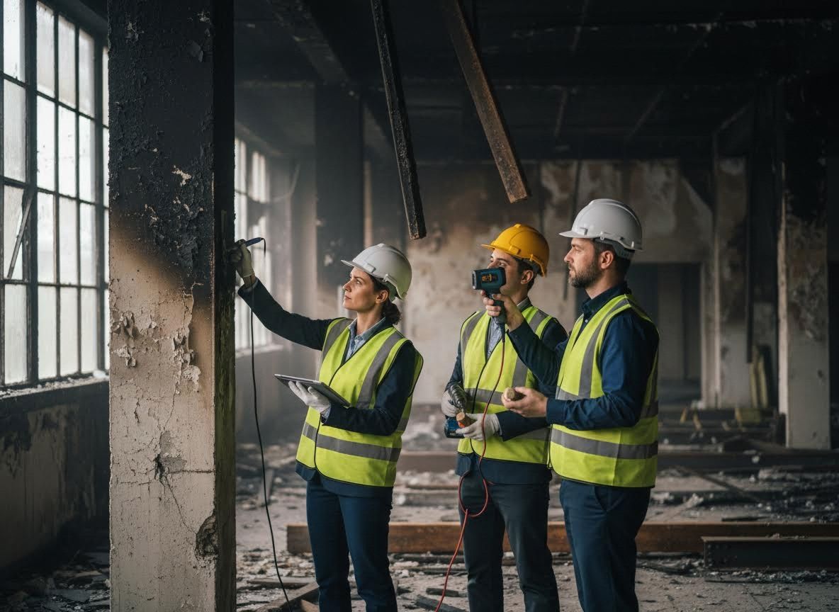 Construction workers inspecting fire-damaged building