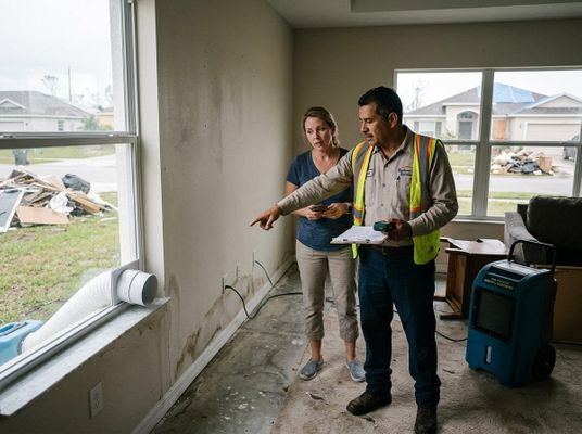 Restoration Worker and Homeowner Inspecting Water Damage After Storm