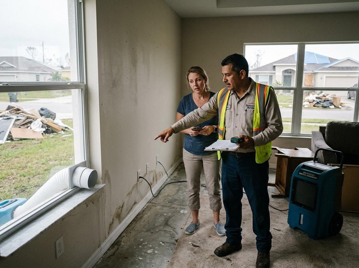 Restoration Worker and Homeowner Inspecting Water Damage After Storm