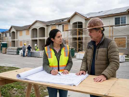 Construction professionals discussing blueprints at a building site