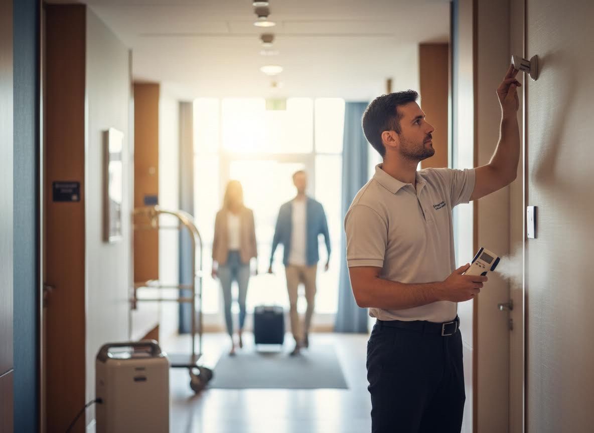 Hotel technician checking door in a hallway