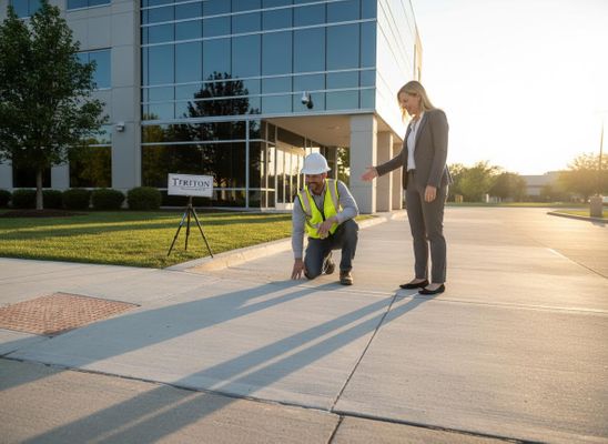 A construction worker in a hard hat and safety vest inspects a concrete sidewalk, while a businesswoman in a suit points, outside a building. Construction Professionals Inspecting Concrete Walkway