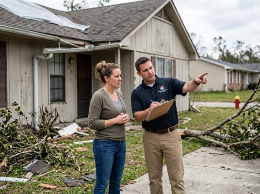 A man in a uniform points at a storm-damaged house with a tarp on its roof, explaining issues to a concerned woman. Adjuster and homeowner discuss storm damage to house