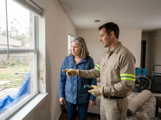 A contractor points out extensive water damage around a window to a concerned homeowner. Water stains visible on walls and ceiling. Homeowner and Contractor Inspecting Water Damage