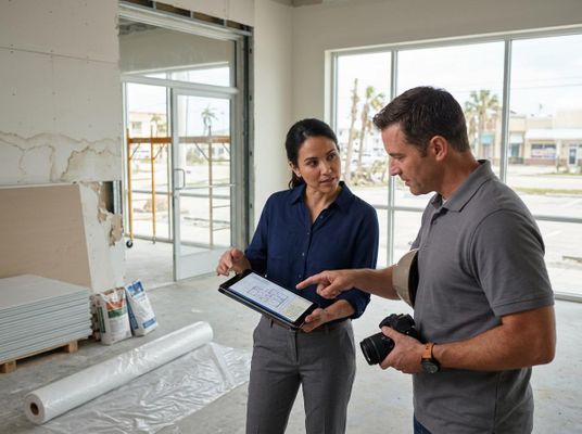 Construction professionals review digital blueprints on a tablet at a job site