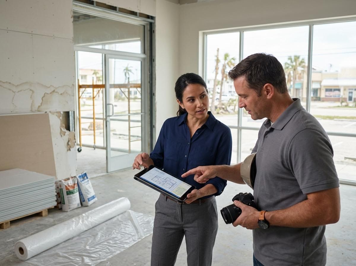 Construction professionals review digital blueprints on a tablet at a job site