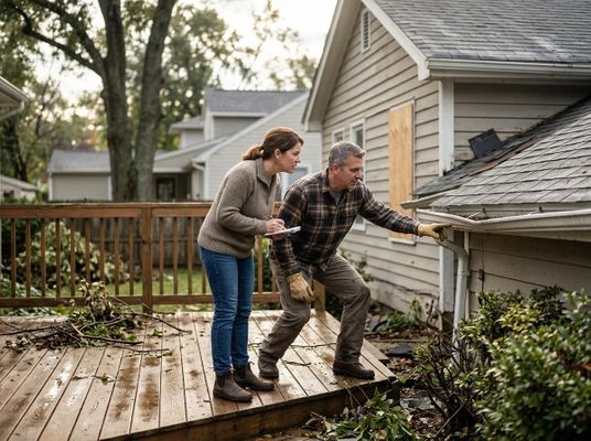 Couple Inspecting Storm Damage on House