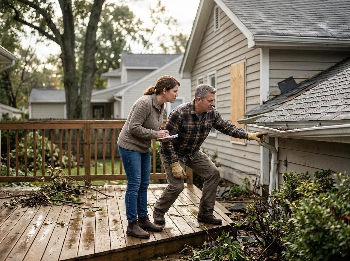 Couple Inspecting Storm Damage on House