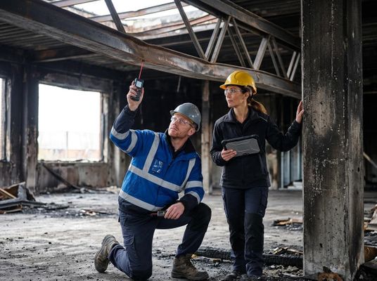 Two engineers, one with a laser measurer and the other with a tablet, assess structural integrity in a charred building. Engineers Inspecting Fire Damage