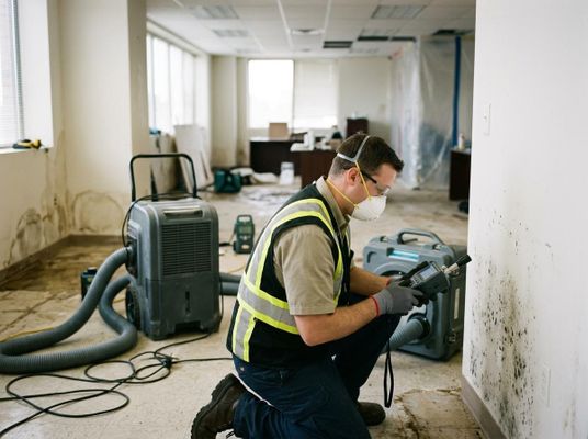 Mold Remediation Specialist Inspecting Water Damaged Office