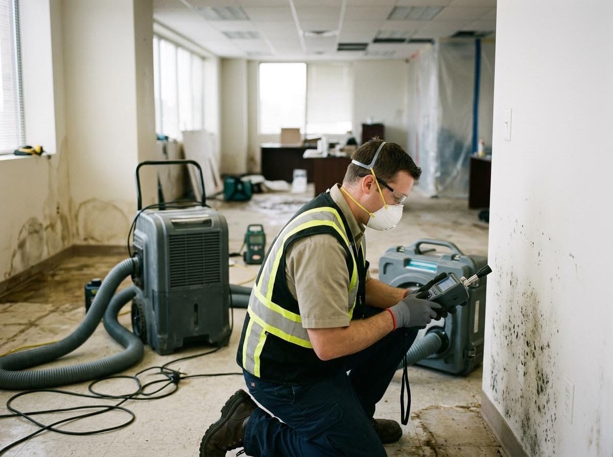 Mold Remediation Specialist Inspecting Water Damaged Office