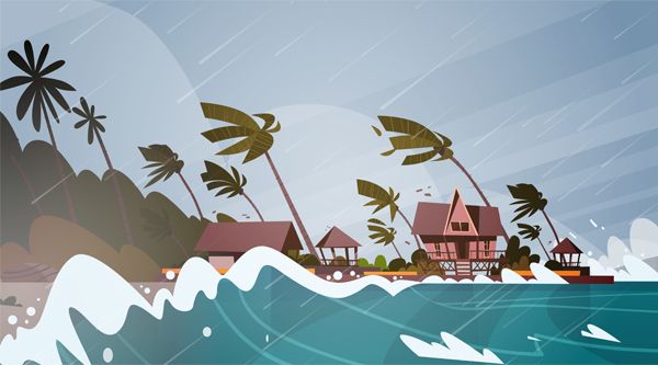 Illustrations of houses on the beach with a tornado coming in