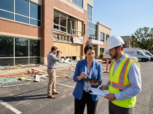 Professionals assess a severely damaged commercial building with broken windows and debris. A photographer documents the scene for restoration. Insurance Adjusters and Contractor Assess Damaged Commercial Building