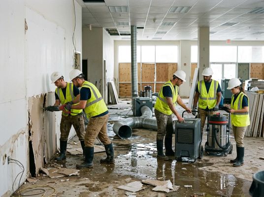 A team of five construction workers in hard hats and safety vests clean up a water-damaged building with tools and specialized equipment. Water Damage Cleanup Crew at Work