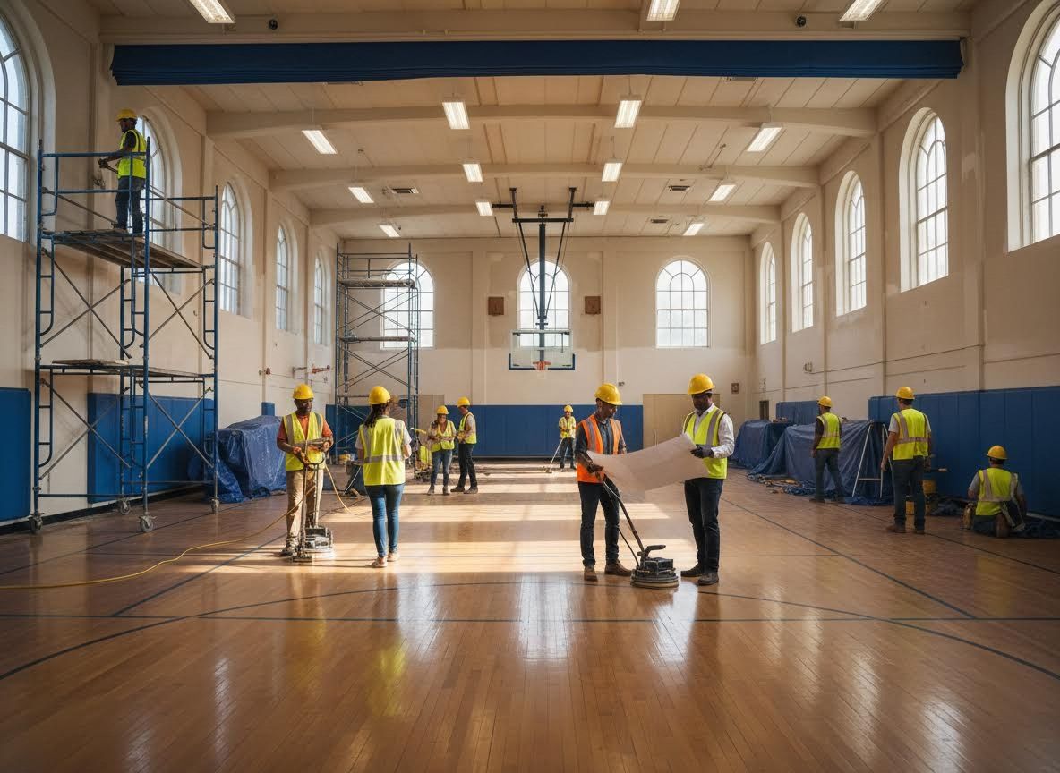 Construction workers renovating a gymnasium