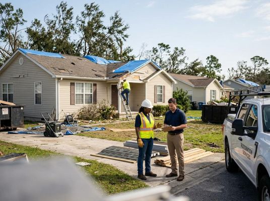 Two restoration workers review plans outside a home with a tarped roof, while another repairs it on a ladder. Home restoration after storm damage