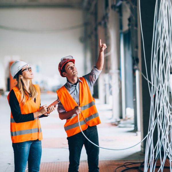 Two construction workers using tablet to note damages to building