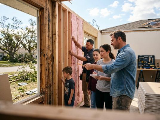 A family inspects their home's reconstruction with a contractor installing insulation, while two children observe. Fallen branches outside suggest recent damage. Family and Contractor Reviewing Home Reconstruction