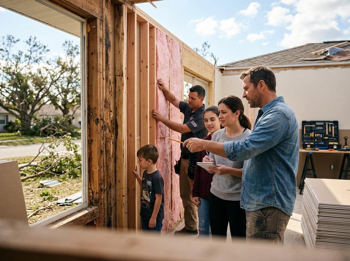 Family and Contractor Reviewing Home Reconstruction