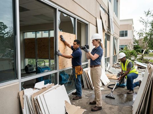 Post-disaster recovery team working on a damaged building