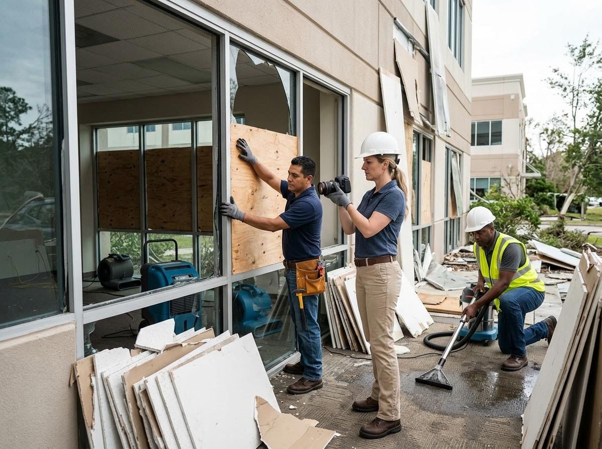 Post-disaster recovery team working on a damaged building