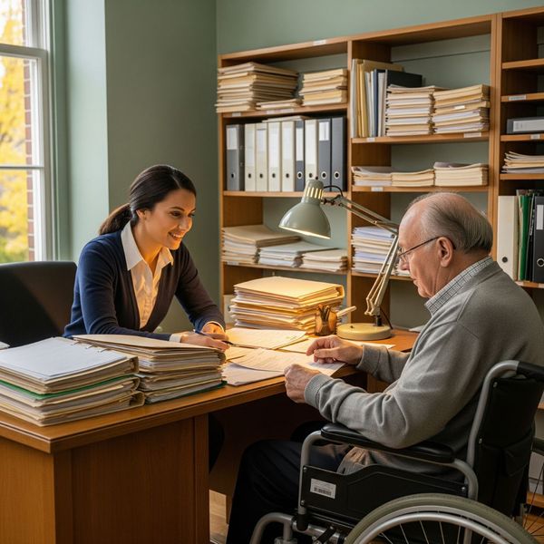 A female case manager sitting at a desk, smiling and looking at an elderly man in a wheelchair who is reviewing documents. The desk is surrounded by overflowing bookshelves filled with files. A female case manager sitting at a desk, smiling and looking at an elderly man in a wheelchair who is reviewing documents. The desk is surrounded by overflowing bookshelves filled with files.