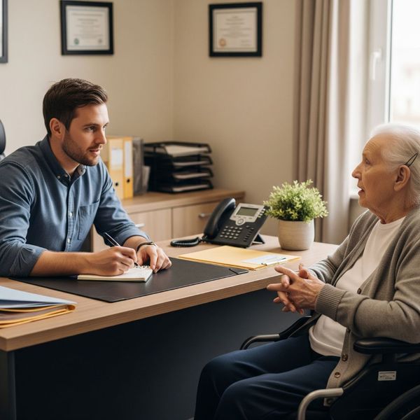 A male case worker is seated at a desk, taking notes while attentively listening to an elderly woman in a wheelchair who is speaking. A male case worker is seated at a desk, taking notes while attentively listening to an elderly woman in a wheelchair who is speaking.