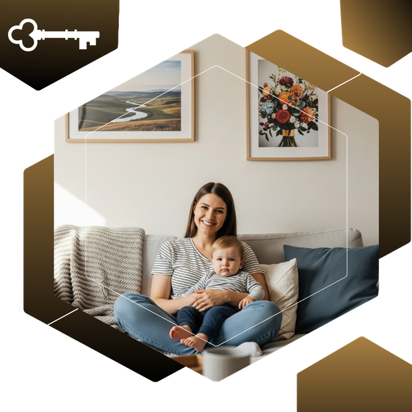 A young single mother is sitting on a couch in her new apartment with her child. She is smiling, looking comfortable and secure in her own space. A young single mother is sitting on a couch in her new apartment with her child. She is smiling, looking comfortable and secure in her own space.