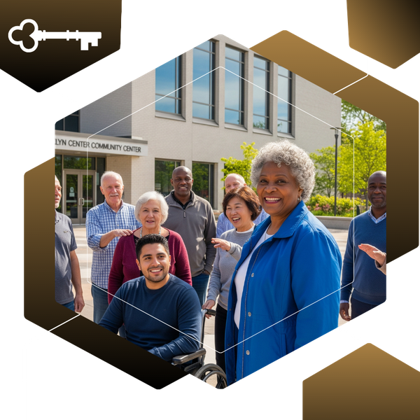A diverse group of Brooklyn Center residents are standing together outdoors in front of a community building. A diverse group of Brooklyn Center residents are standing together outdoors in front of a community building.