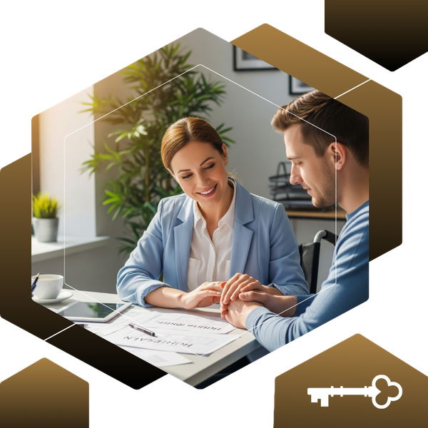 A caring social worker is sitting with a younger man at a desk, reviewing a document. A caring social worker is sitting with a younger man at a desk, reviewing a document.