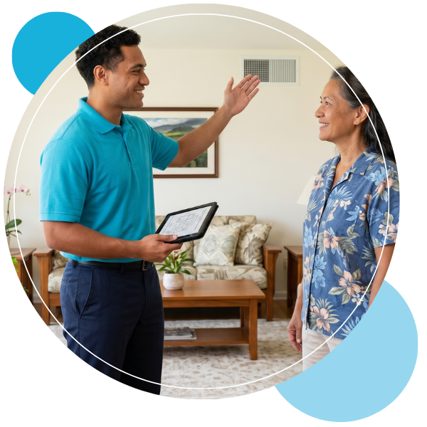 a friendly male technician of Pacific Islander descent explaining a service to a Hawaiian homeowner in a bright living room. The technician is wearing a clean unbranded turquoise uniform, holding a tablet, and gesturing toward a clean air vent on the wall