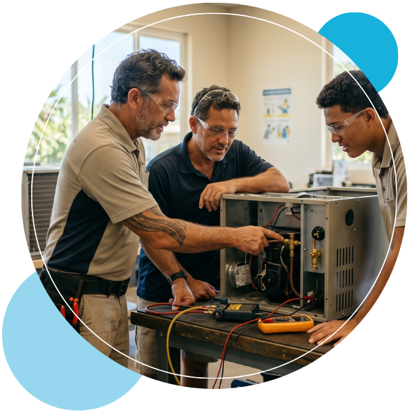 a Hawaiian technician training a younger local apprentice in a bright workshop setting