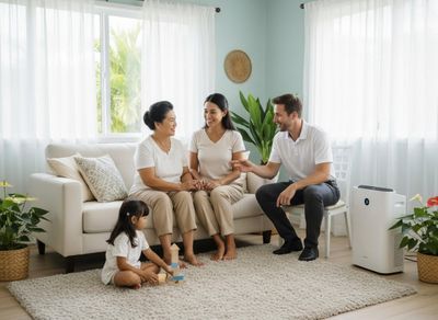Family discussing an air purifier with a service representative