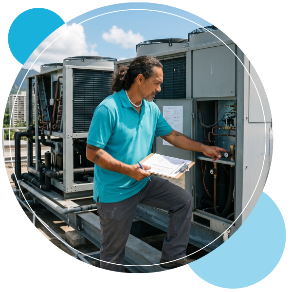 a Hawaiian technician inspecting a commercial HVAC unit. They are wearing a turquoise polo uniform and holding a clipboard with a checklist.