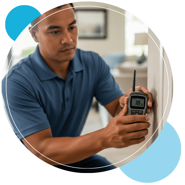 A technician in a blue polo shirt kneels to press a digital moisture meter against an interior wall.