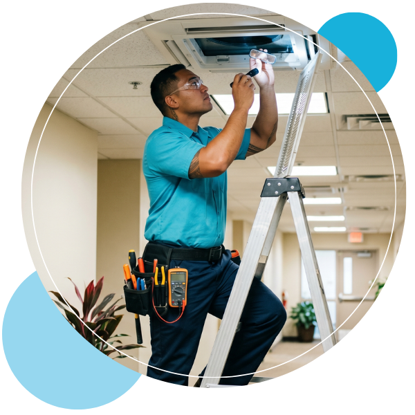 a Hawaiian technician standing on a step ladder to inspect a ceiling air vent