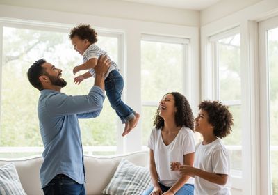 Happy family playing in living room